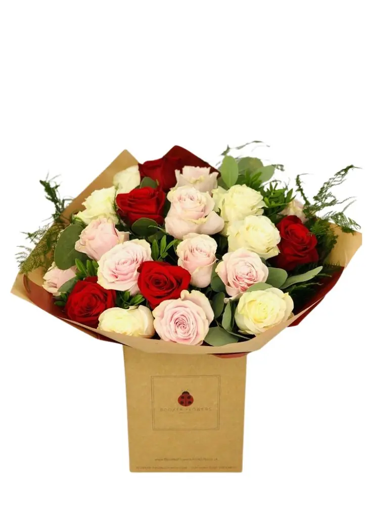 Red white and pink roses sales
